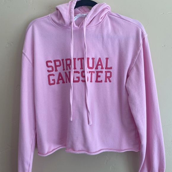 Spiritual Gangster Tops - Spiritual Gangster Pink Short Hoodie Raw Hem Long Sleeve Size: S